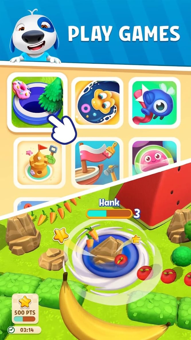 Mini-game selection UI inside of My Talking Hank: Islands game.