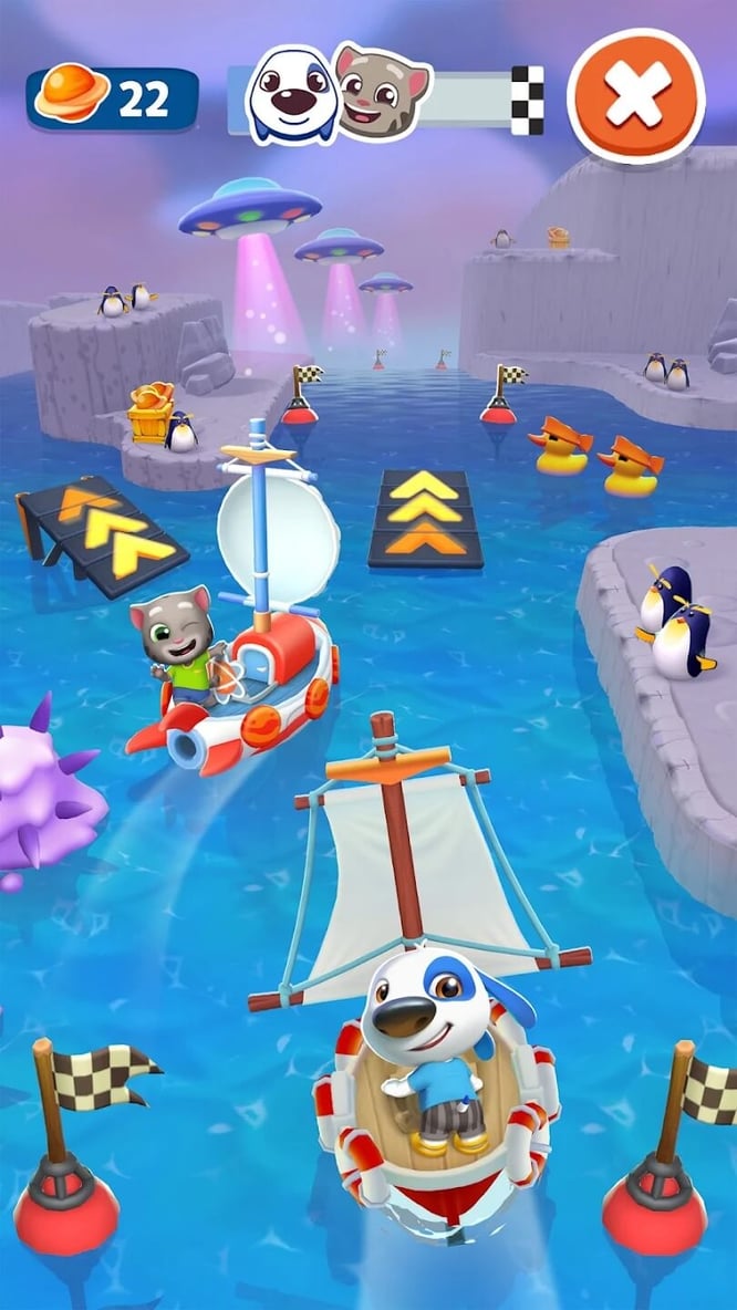 Talking Tom, and Talking Hank sailing boats inside of My Talking Hank: Island game.