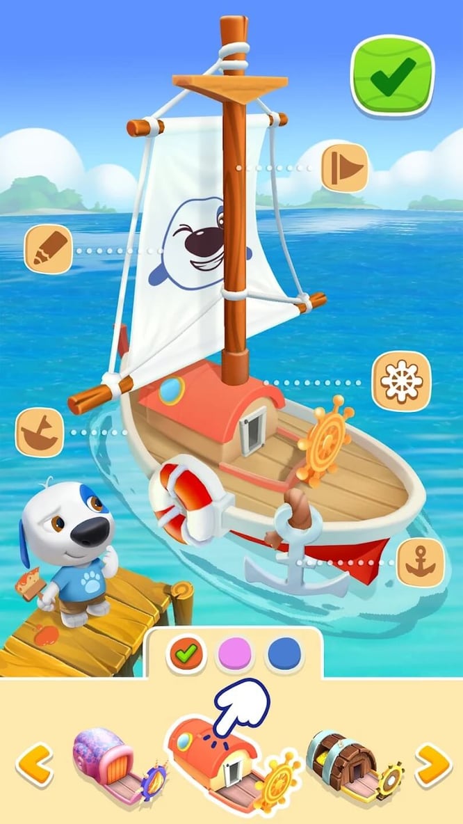 Boat builder feature's UI inside of My Talking Hank: Islands game.