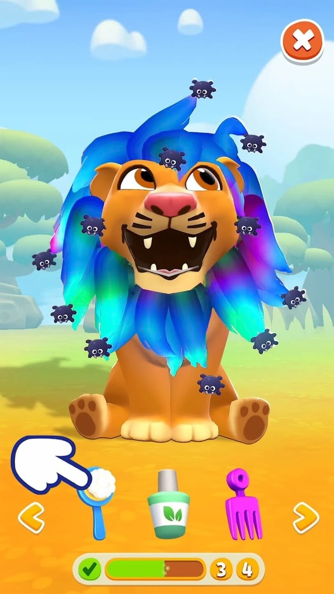 Grooming lion UI inside of My Talking Hank: Islands game.