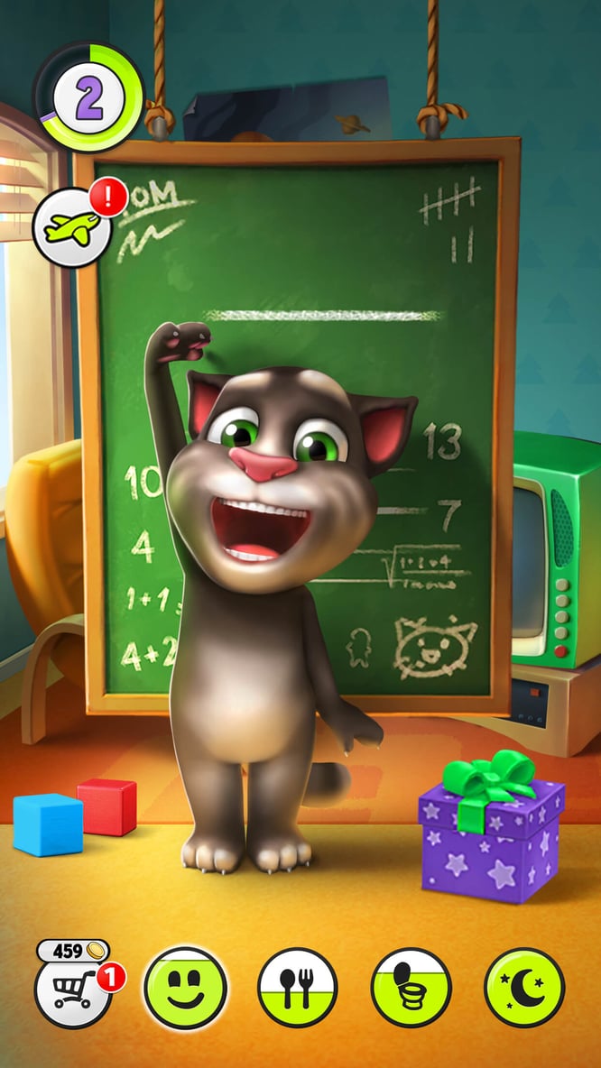 Talking Tom measuring his height growth on a chalkboard inside of My Talking Tom game.