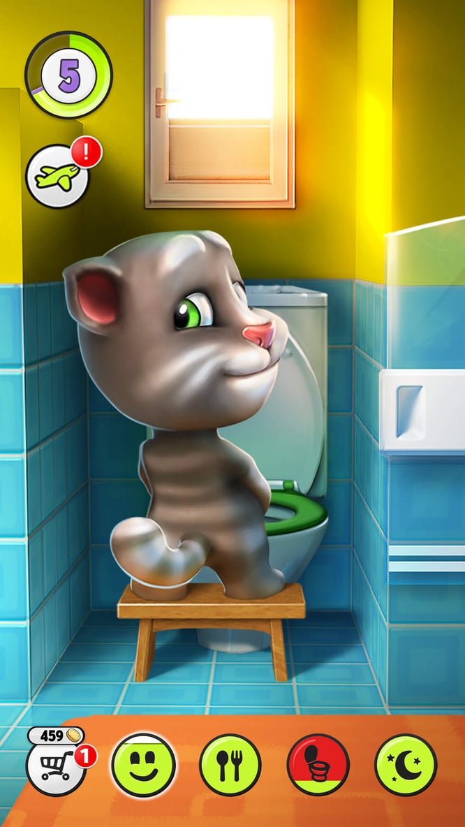 Talking Tom looking cheeky while using the toilet inside of My Talking Tom game.