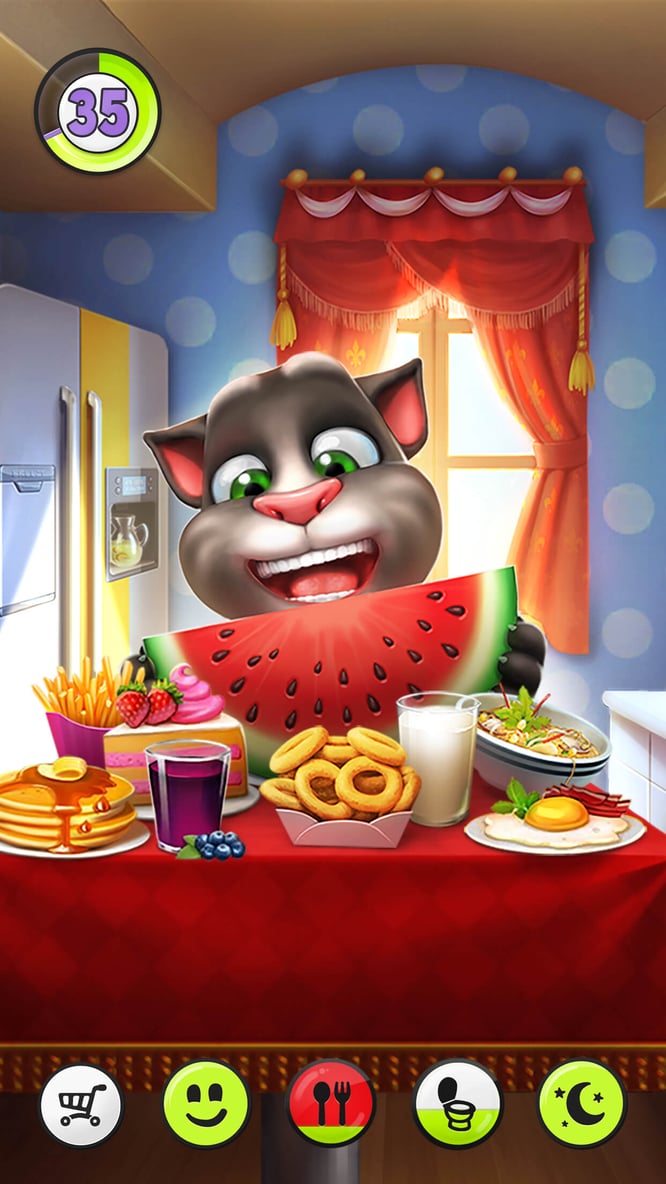 Talking Tom about to dig into a watermelon slice inside of My Talking Tom game.