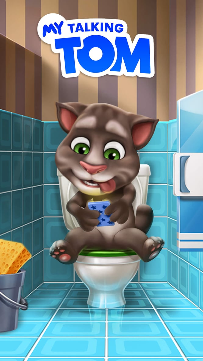 Talking Tom playing games on his phone on the toilet inside of My Talking Tom game.