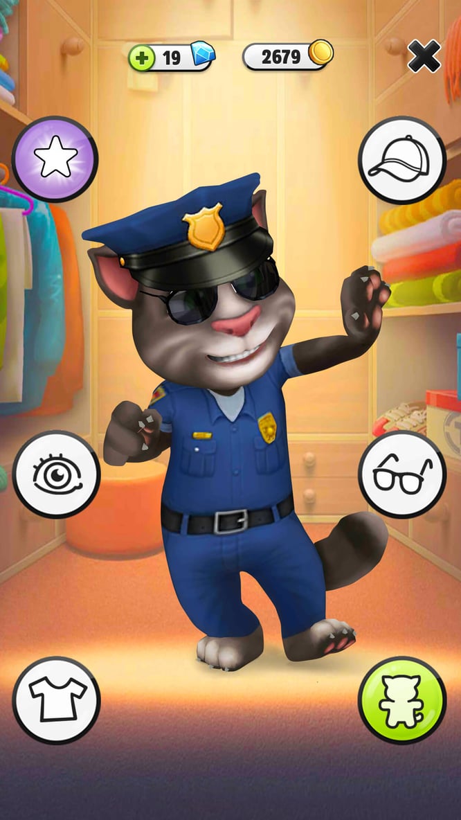 Talking Tom wearing a police uniform in his wardrobe inside of My Talking Tom game.