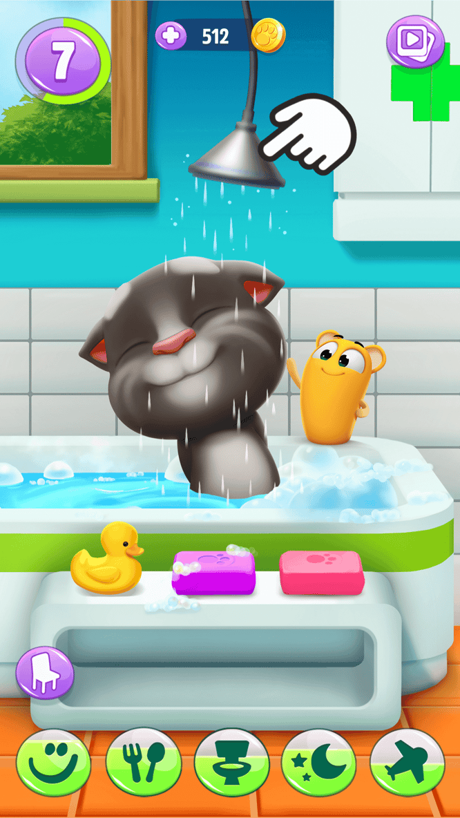 Talking Tom and a pet showering inside of My Talking Tom 2 game.