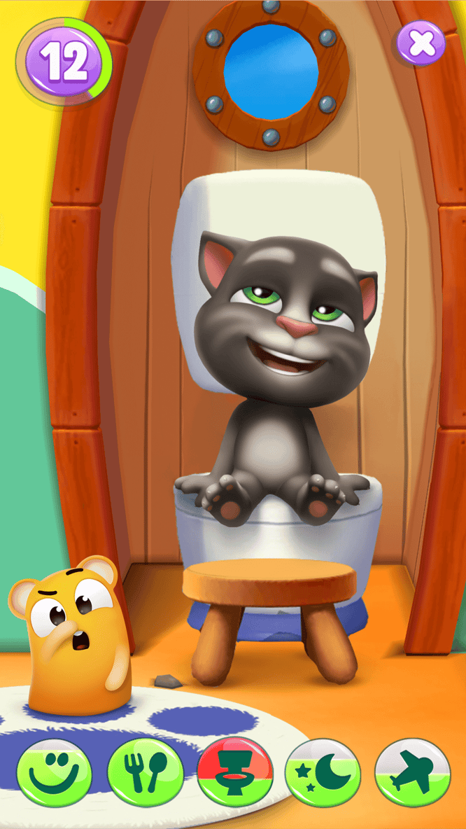 Talking Tom on the toilet with a pet inside of My Talking Tom 2 game.