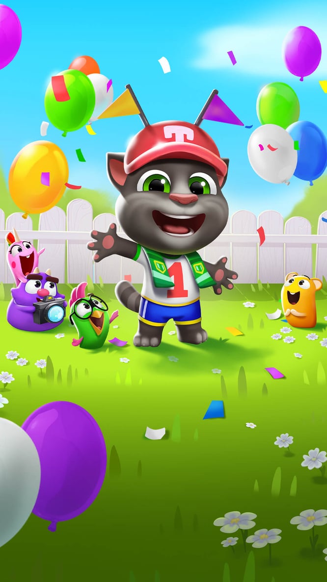 Talking Tom celebrating with pets inside of My Talking Tom 2 game.