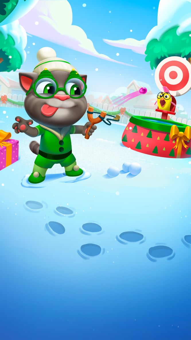 Talking Tom shooting a slingshot during Christmas inside of My Talking Tom 2 game.