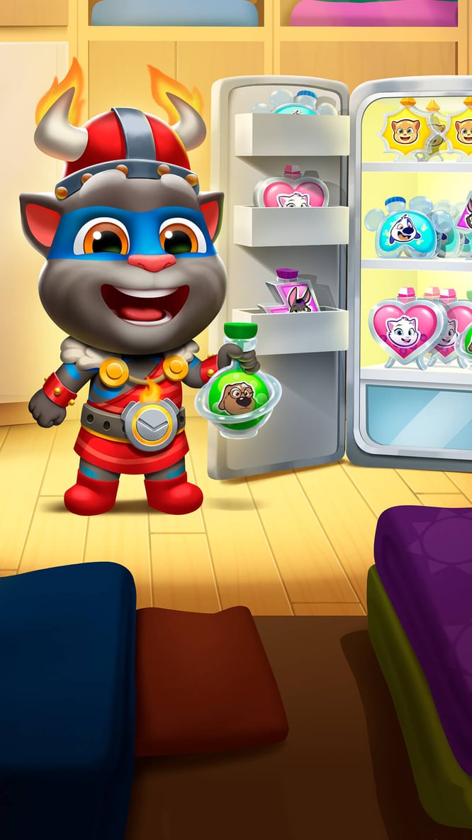 Talking Tom wearing a viking costume inside of My Talking Tom 2 game.