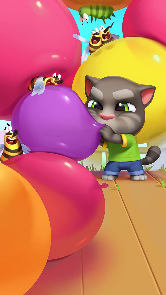 Talking Tom blowing up balloons inside of My Talking Tom 2 game.