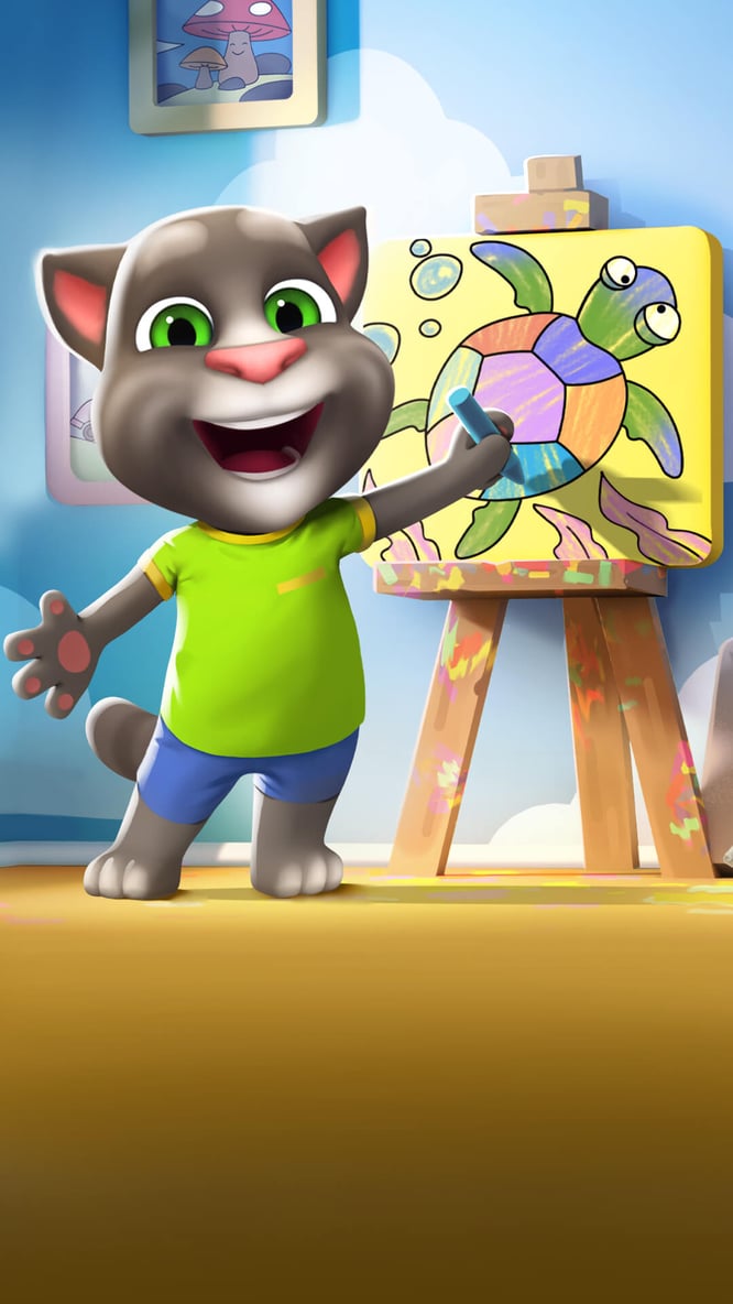 Talking Tom painting a turtle inside of My Talking Tom 2 game.