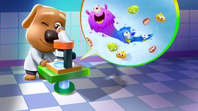 Talking Ben observing germs through a microscope inside of My Talking Tom Friends game.