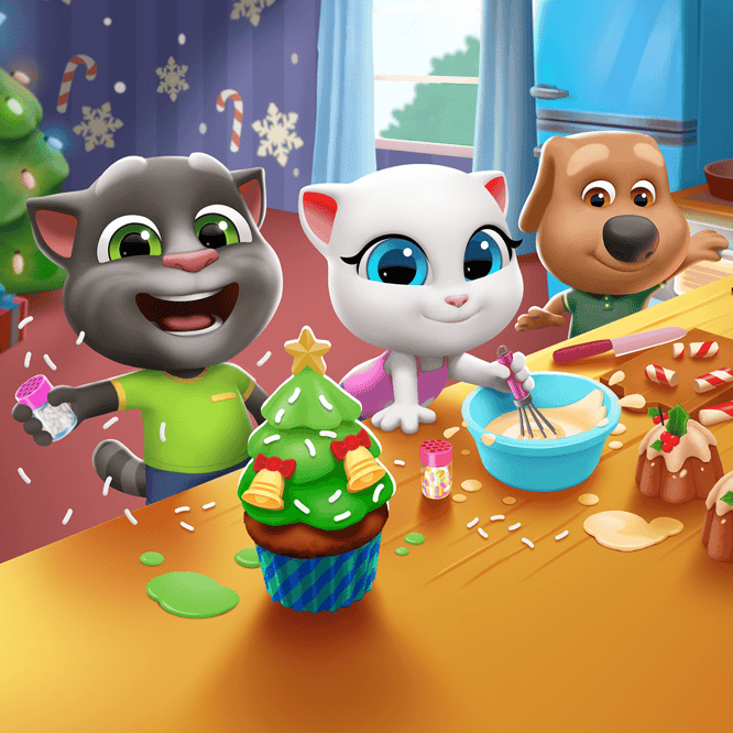 Talking Tom, Angela, and Ben cooking for Christmas inside of My Talking Tom Friends game.