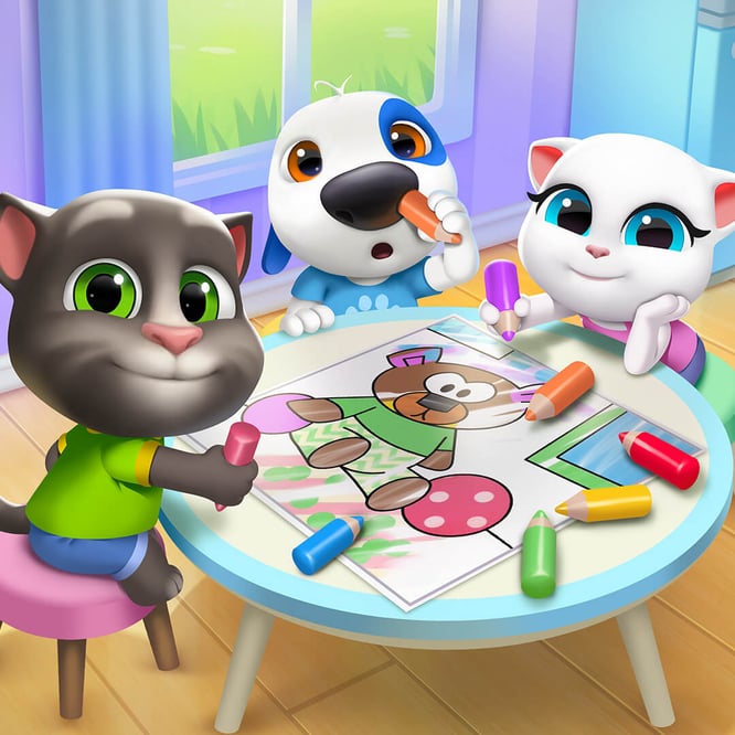 Talking Tom, Hank, and Angela painting inside of My Talking Tom Friends game.