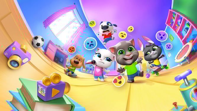 Fisheye perspective of Talking Tom and friends being rowdy inside of My Talking Tom Friends game.