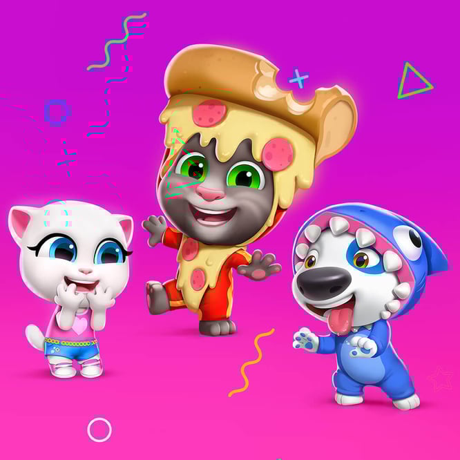 Talking Tom, Angela, and Hank having fun with new silly outfits.