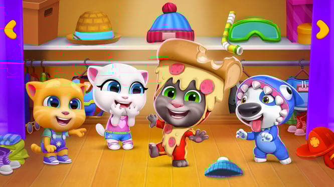 Talking Tom, Angela, Ginger, and Hank having fun with new silly outfits inside of My Talking Tom Friends game.