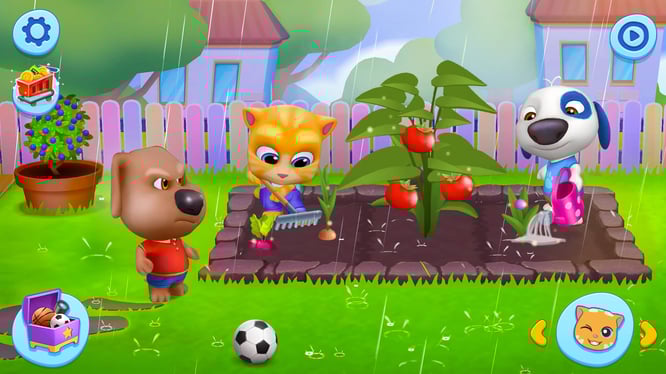 Talking Ben, Ginger, and Hank being goofy, gardening in the rain inside of My Talking Tom Friends game.
