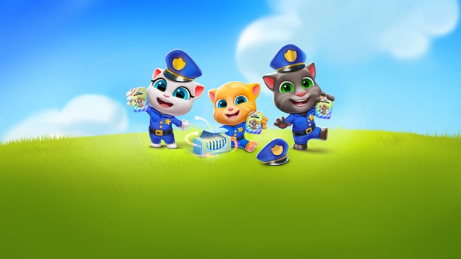 Talking Tom, Angela, and Ginger in police uniforms inside of My Talking Tom Friends game.