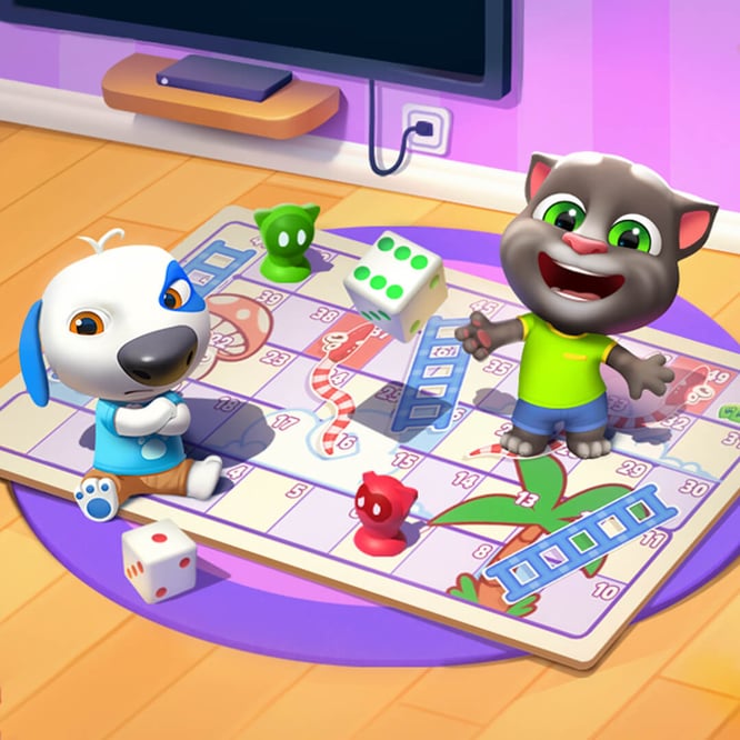 Talking Tom and Hank playing Snakes and Ladders inside of My Talking Tom Friends game.
