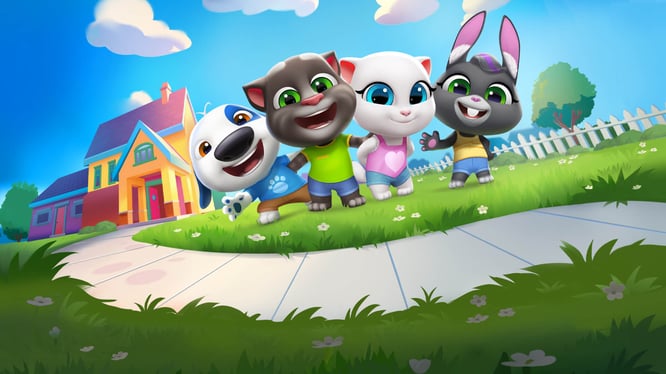 Fisheye photo of Talking Tom, Hank, Angela, and Becca in front of their house inside of My Talking Tom Friends game.