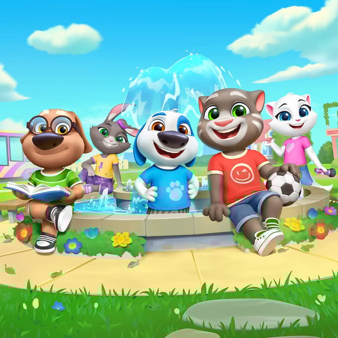 Talking Tom and friends hanging out by the water fountain inside of My Talking Tom Friends 2 game.