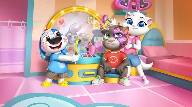 Talking Tom and friends playing with makeup inside of My Talking Tom Friends 2 game.
