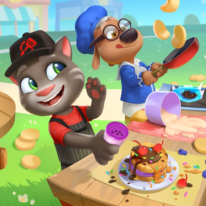 Talking Tom and Talking Ben cooking outside inside of My Talking Tom Friends 2 game.