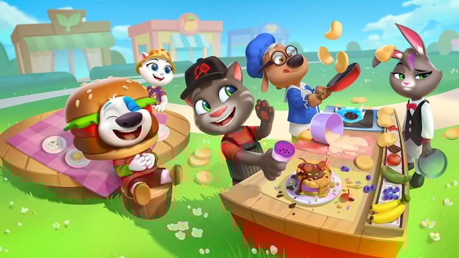 Talking Tom and friends cooking outside inside of My Talking Tom Friends 2 game.