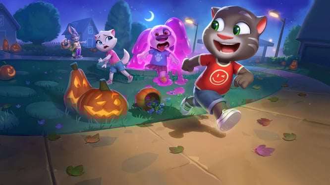 Talking Tom and friends spooking each other inside of My Talking Tom Friends 2 game.