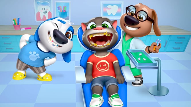 Talking Tom, Hank, and Ben playing dentist inside of My Talking Tom Friends 2 game.
