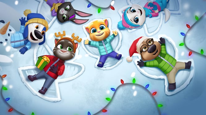 Talking Tom and friends doing snow angels in the snow inside of My Talking Tom Friends 2 game.