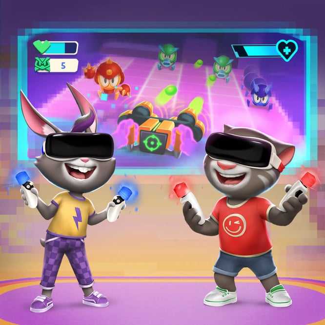 Talking Tom and Talking Becca playing games with VR glasses inside of My Talking Tom Friends 2 game.