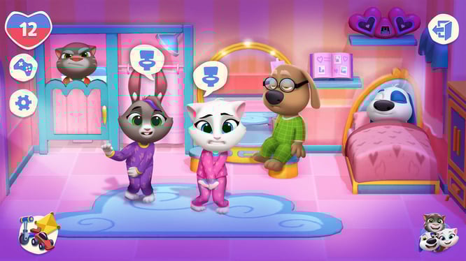 Talking Tom and friends having a sleepover at Talking Angela's house inside of My Talking Tom Friends 2 game.