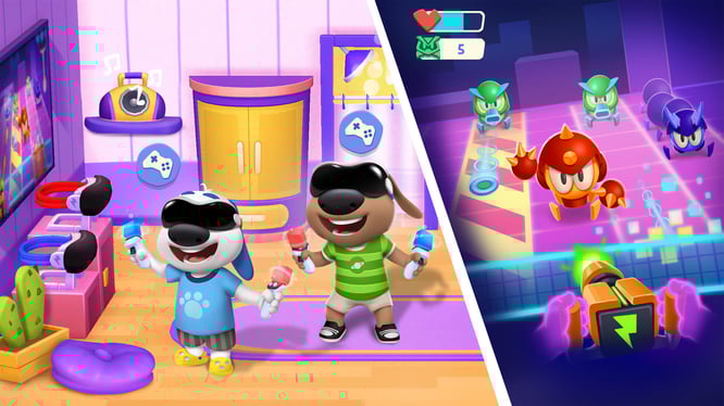 Talking Ben and Talking Hank playing games with VR glasses inside of My Talking Tom Friends 2 game.