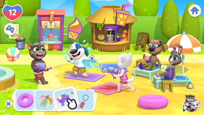 Talking Tom and friends having a water gun fight inside of My Talking Tom Friends 2 game.