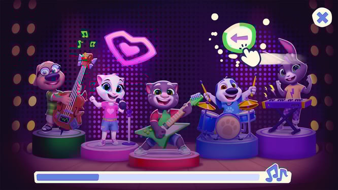Talking Tom and friends playing music as a band inside of My Talking Tom Friends 2 game.