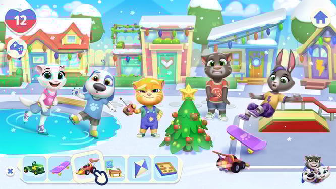Talking Tom and friends hanging outside during winter inside of My Talking Tom Friends 2 game.
