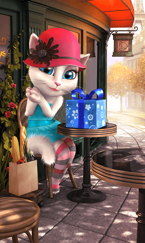 Talking Angela with a present inside of Talking Angela game.
