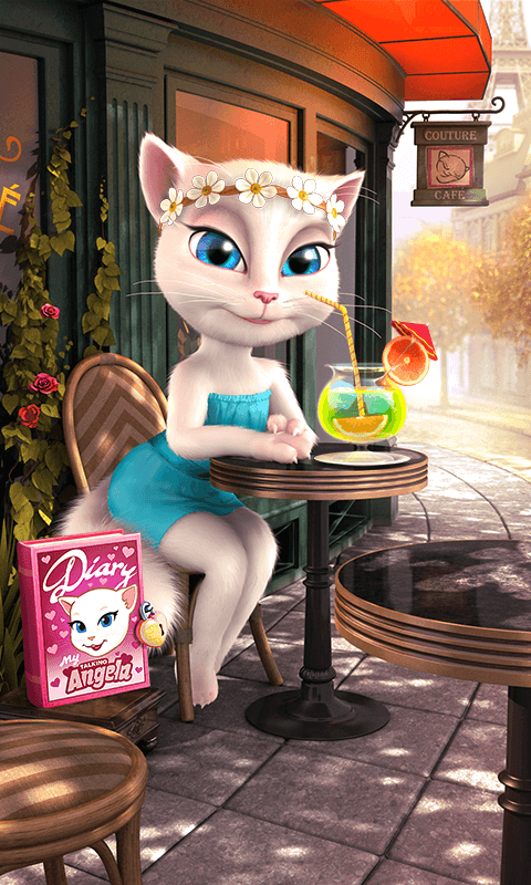 Talking Angela wearing a flower tiara inside of Talking Angela game.