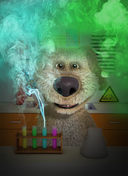 Talking Ben surrounded by smoke from a chemical experiment explosion inside of Talking Ben the Dog game.