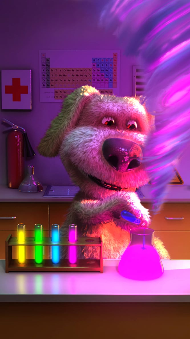 Talking Ben creating a whirlwind with a chemical experiment inside of Talking Ben the Dog game.