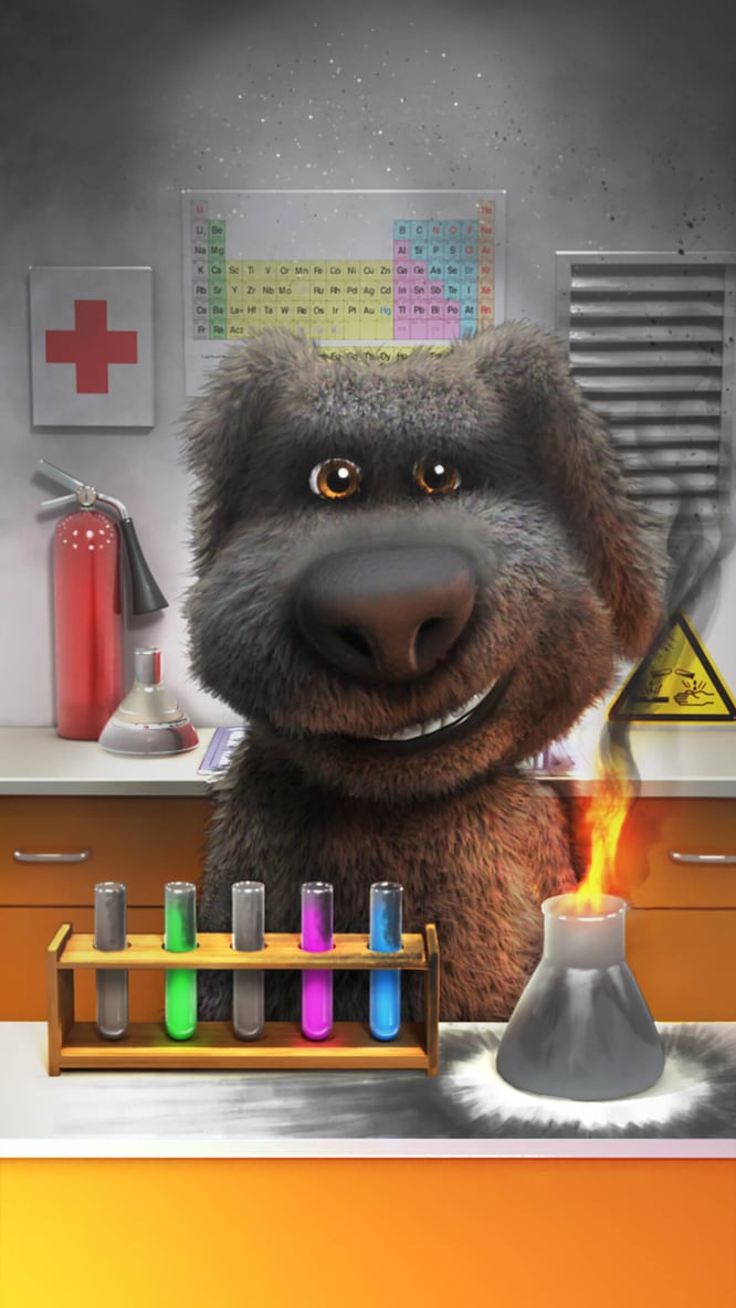 Talking Ben singed by a chemical experiment inside of Talking Ben the Dog game.