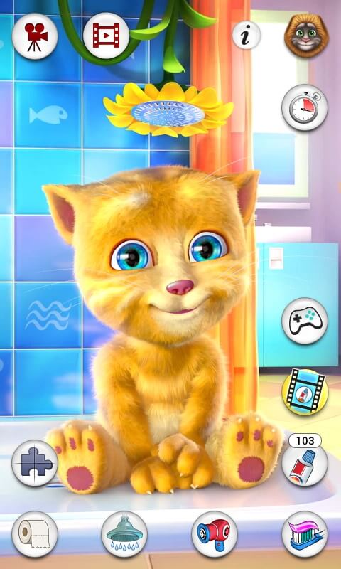 Talking Ginger smiling under the shower inside of Talking Ginger game.