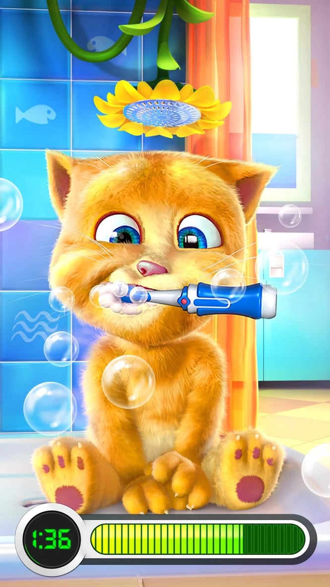 Talking Ginger getting his teeth brushed with an electric toothbrush inside of Talking Ginger game.
