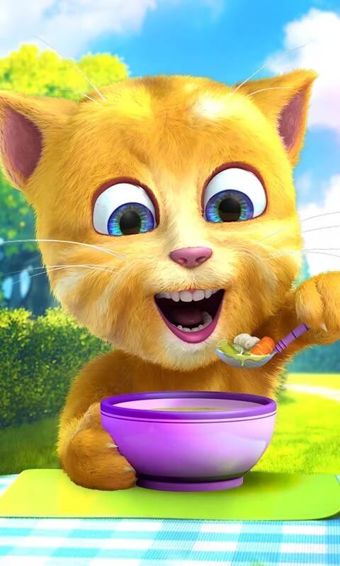 Talking Ginger eating from a bowl inside of Talking Ginger 2 game.