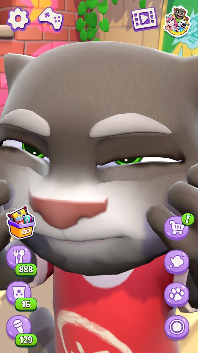 Talking Tom squinting closeup inside of Talking Tom Cat game.