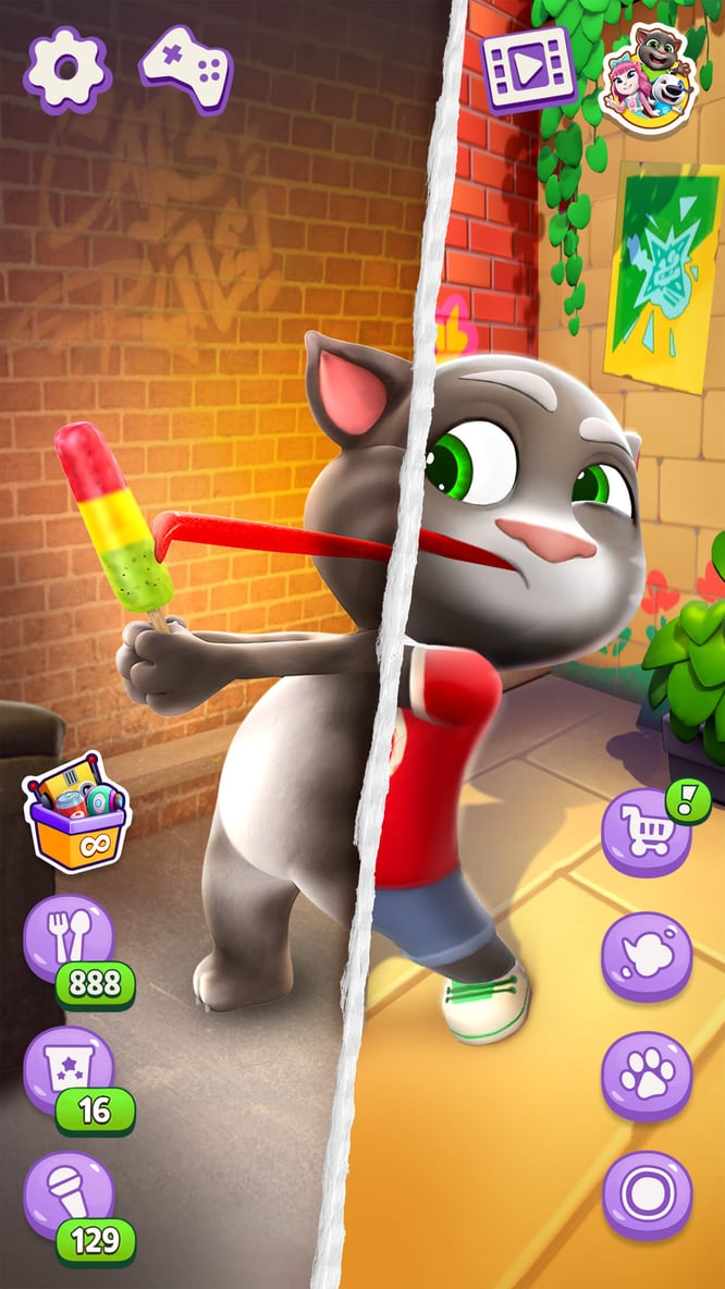 Talking Tom's tongue stuck on a popsicle in a split view comparing the original and the remastered version inside of Talking Tom Cat game.