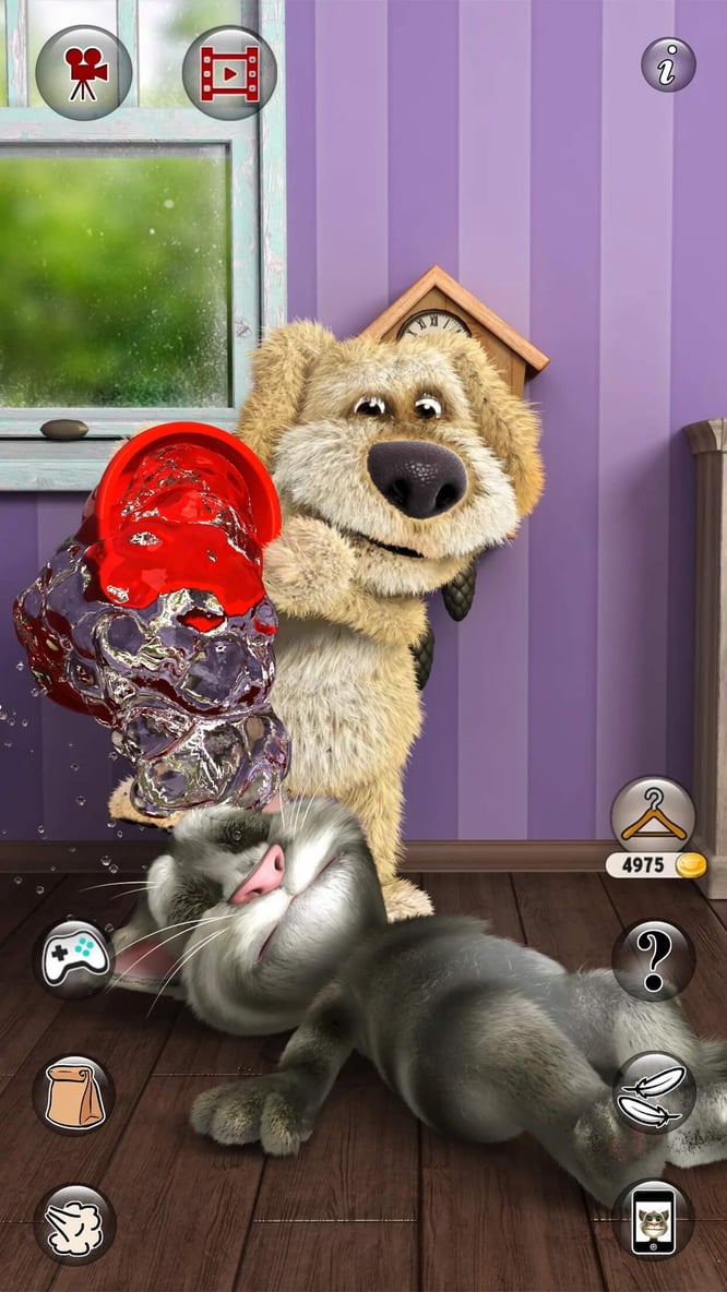 Talking Ben pouring a bucket of water over sleeping Talking Tom's face inside of Talking Tom Cat 2 game.